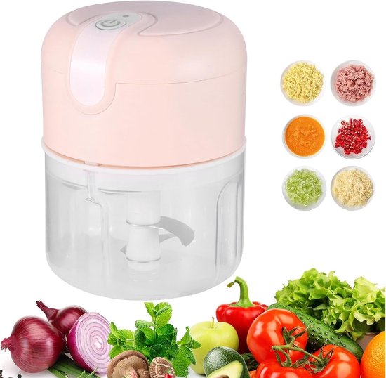 Elektrische mini knoflookhakker, keukenmachine, draagbare draadloze knoflookpers, vleesmolen, met USB-oplaadfunctie, geschikt voor groenten, paprika's, fruit, gember, babyvoeding en kruiden, 250 ml (roze). van Merkloos