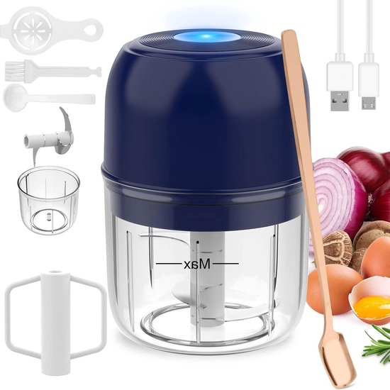 Elektrische mini-knoflookhakselaar - eierklopper - voedselhakmolen - draadloze knoflookpershakselaar - draagbare blender - groente fruit - waterdicht - siliconen oppervlak - 250+250ML (blauw) van Moocii