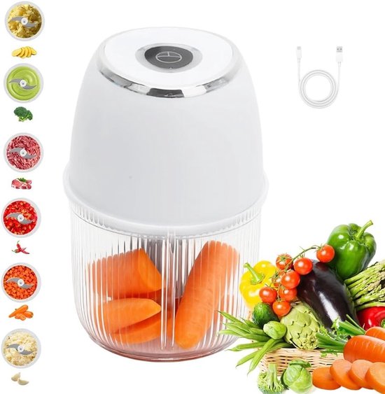 Elektrische Mini Uiensnijder, 350 ml, Multifunctionele Hakker met 6 RVS Messen voor Uien, Groenten, Fruit en Vlees