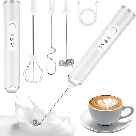 Elektrische mixer, oplaadbare elektrische melkopschuimer, mixer, garde, wit, USB-C-oplaadbaar, inclusief 3 gardes voor koffie, room en eieren van Sluinvy