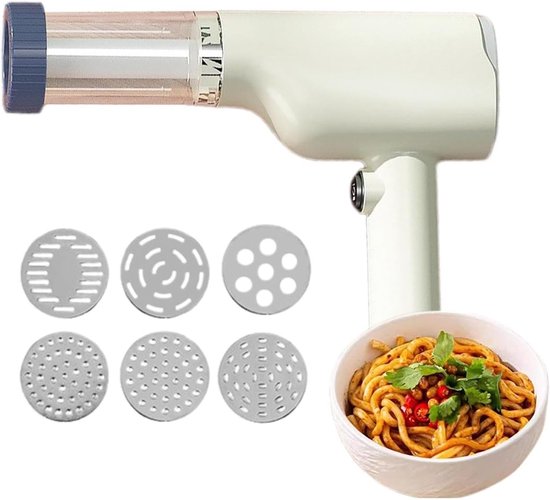 Elektrische pastamachine en pastamachine, draadloos, draagbaar, 6-in-1, multifunctioneel keukengereedschap voor idiyappam, pasta en zelfgemaakte pasta (wit)