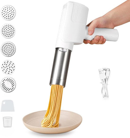Elektrische Pastamachine Gun - Pasta Maker Pistool - Zelf Verse Pasta Maken - Pasta Snijder - Keukenmachine - Draagbare Pastamaker voor Thuis - Noedels - Noodle Machine - Wit - Oplaadbaar - 5 Verschillende Pastasoorten - Roestvrij Staal van Merkloos