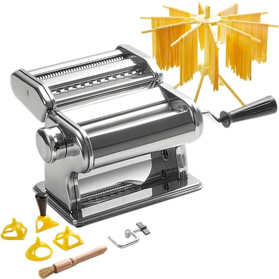Elektrische pastamachine - RVS - 9 deegdiktes en 2 snijbreedtes - Inclusief pastadroger en ravioli-uitstekers - Voor verse pasta maken