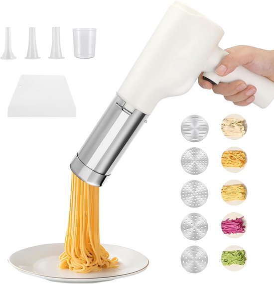 Elektrische pastamachine - RVS - Draadloos Handheld - 5 Vormen - Voor Zelfgemaakte Pasta en Reizen