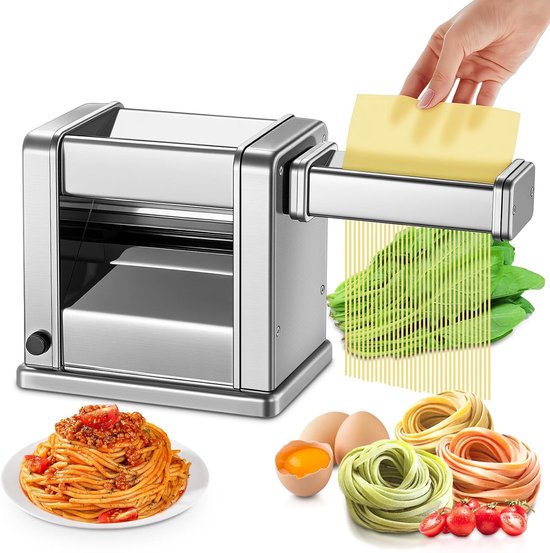 Elektrische pastamachine van roestvrij staal, met 2 messen (1,5 mm/6,6 mm) en 7 verstelbare diktes van 0,5 - 3 mm, roestvrij staal, voor zelfgemaakte verse pasta of fettuccine, zilver