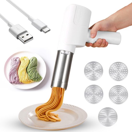 Elektrische Pastamaker - 5 Vormen - Draadloze Automatische Pastamachine - Draagbare Spaghetti Pers - Roestvrij Staal - Krachtige Prestaties voor Thuisgebruik van Merkloos