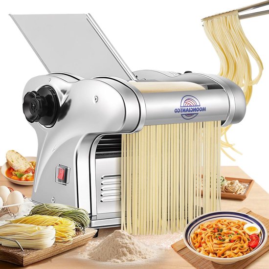 Elektrische Pastamaker - Deegroller Machine - Verse Pasta Maken - 3 Mesjes Inclusief - 6 Diktes Instelbaar - Zilverkleurig van Merkloos