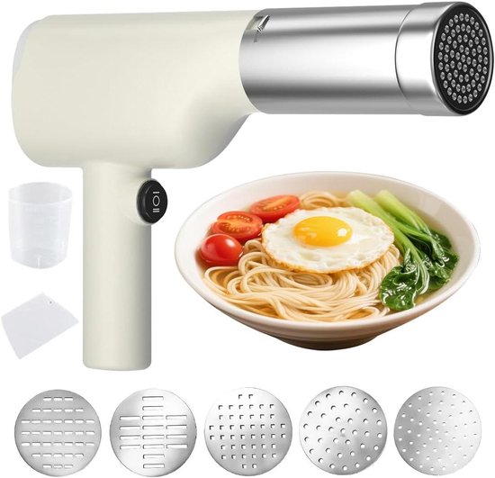 Elektrische Pastamaker - Pastamachine Handheld - Zelf Pasta Maken - 5 Verschillende Vormen - 200g Capaciteit - Wit