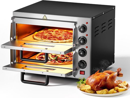 Elektrische Pizzaoven met 2 Niveaus - 3000W - Inclusief 2 Cordieriet Pizzastenen - Dubbele Bakoven met Kijkvensters - Voor Pizza en Brood