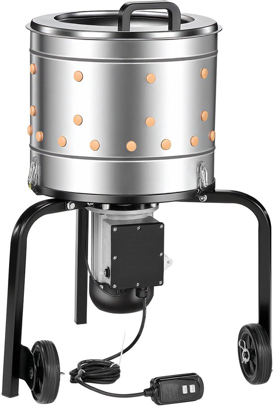 Elektrische pluimveepluimachine, trommel van 400 mm, motor van 500 W en snelheid van 230 tpm, uitgerust met 114 zachte rubberen vingers en transportwielen, roestvrijstalen ontwerp voor efficiënte verenverwijdering van 1-2 vogels tegelijk van Merkloos