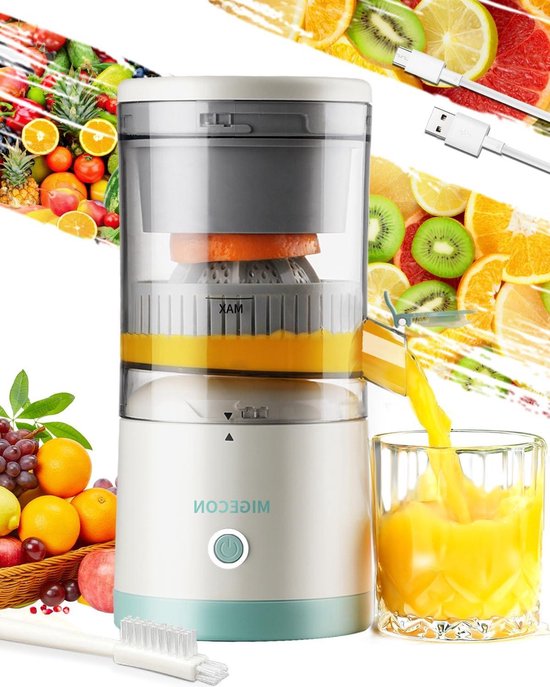 Elektrische sapcentrifuge citruspers - USB oplaadbaar draagbaar - druppelfunctie - sinaasappel citroen grapefruit - reinigingsborstel - wit