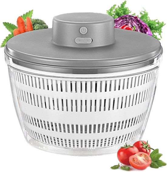 Elektrische slacentrifuge, 4L draadloze USB-slacentrifuge en -droger voor groenten en fruit, sladroger met grote capaciteit, elektrische centrifuge met snelle afwatering – Wit