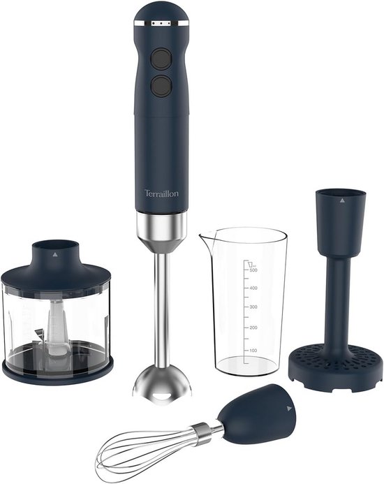 Elektrische staafmixer 1000 W met roestvrijstalen messen, turbo-functie, variabele snelheid, maatbeker, garde, hakmolen 600 ml en aardappelpers