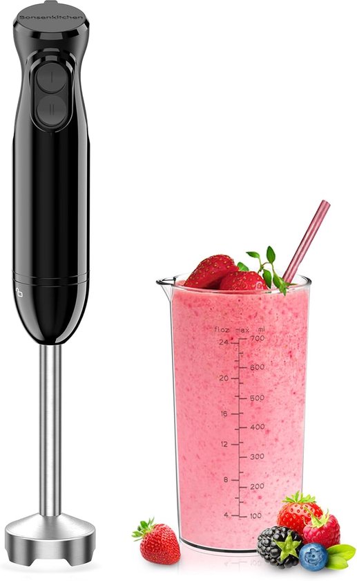 Elektrische staafmixer, 2-in-1, 1000 W pureerstaaf, met maatbeker, 2 snelheidsinstellingen voor milkshake, puree, saus, zwart