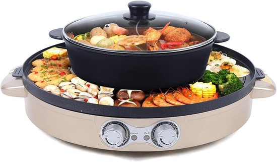Elektrische Tafelgrill - Hot Pot - Gezellig Eten - Dubbele Temperatuurregeling - 44 cm Diameter - Wit