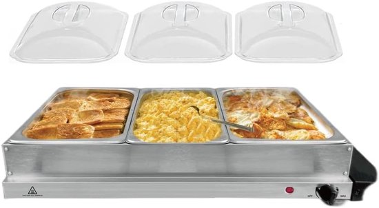 Elektrische Voedselwarmer - Warmhoudcontainer Buffet - Gerechten Warm Houden - Drie Aparte Bakken - 64 x 36 cm