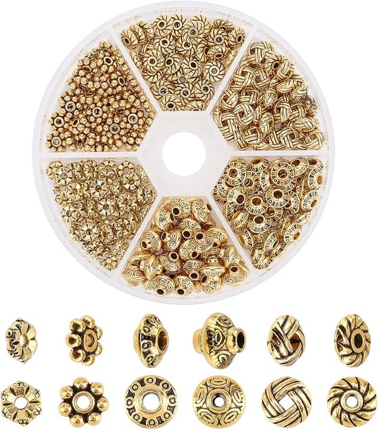 Elite 300 stks 6 Stijlen Tibetaanse Stijl Lichtmetalen Spacer Kralen met 1-2mm Gat voor Armband Sieraden DIY Ambachtelijke Maken, Antiek Gouden