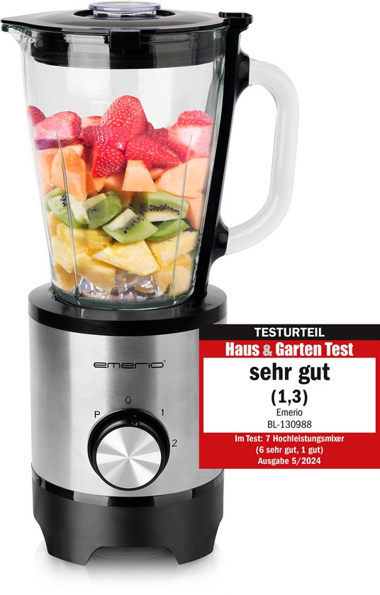 Emerio Blender RVS - Inhoud 1,5L – Smoothie Maker met Glazen Kan - 500W - BL-130988 - Zwart / Zilverkleuring van Emerio