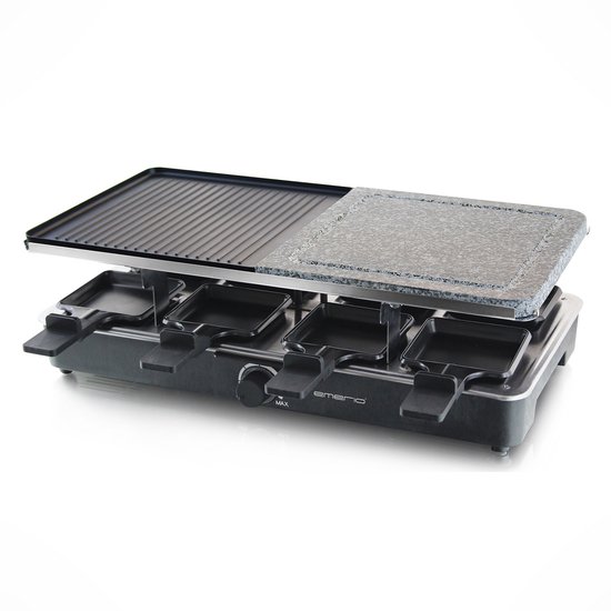 Emerio Gourmet-Steengrill - Raclettegrill - 1400W - 8 Personen - Indicatielampje - Regelbare thermostaat - Half Steengrill/Half Grillplaat - Incl. 8 Houten Spatels + Pannetjes - RG-110035 Zwart
