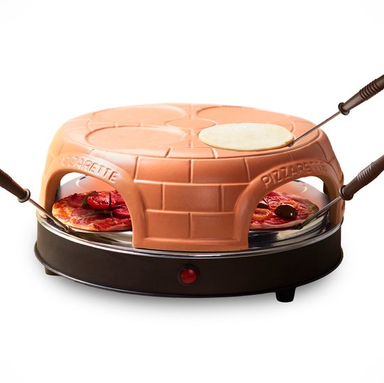 Emerio Pizzarette Origineel - 4 Persoons Pizza Oven - Pre-bake functie - Handgemaakte terracotta koepel - 4 Geïsoleerde bak spatels - RVS bakplaat - PO-115847.1 1000W