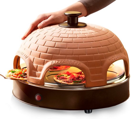 Emerio Pizzarette Origineel - 6 Persoons Pizza Oven - Handgemaakte Terracotta Koepel - 6 Geïsoleerde Bakspatels - RVS Bakplaat - Gourmetstel met Cool touch koepel - PO-115984 1200W