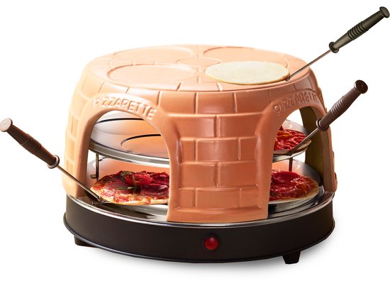 Emerio Pizzarette Origineel - 8 Persoons Pizza Oven - Handgemaakte Terracotta Koepel - 8 Geïsoleerde Bakspatels - RVS Bakplaat - Gourmetstel - PO-116124.1 1500W