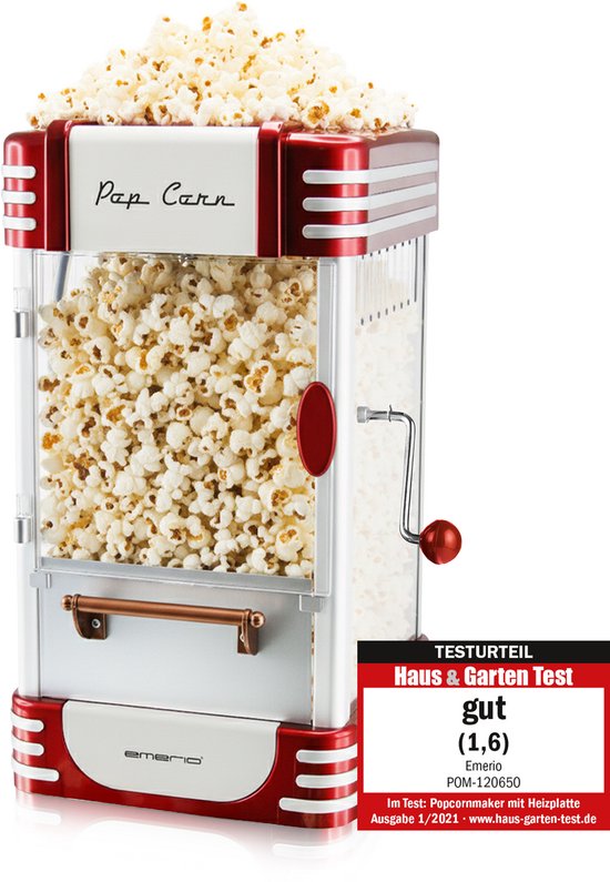 Emerio Popcornmachine - Popcornmaker - 50g - Roersysteem - Anti-aanbaklaag - Anti-slip - 360W - Maatbeker - POM-120650 Rood/Wit