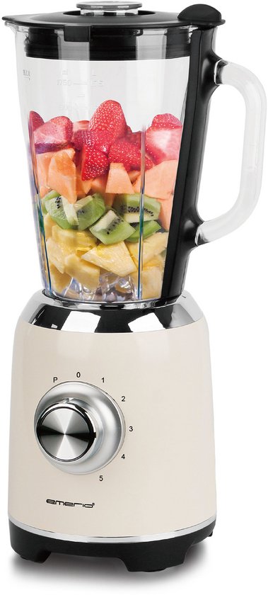 Emerio Retro Blender - 1,75L - Smoothie Maker met Glazen Kan - 5 snelheden - Pulsfunctie - RVS messen - 600W - BL-131620.7 Crème van Emerio