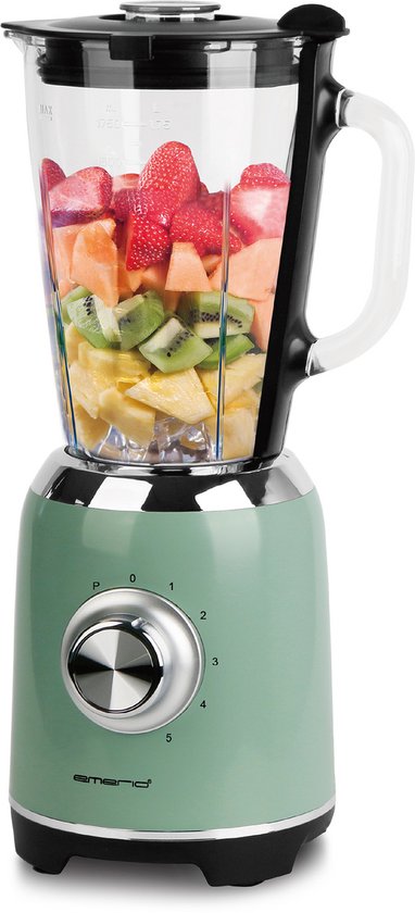 Emerio Retro Blender - 1,75L - Smoothie Maker met Glazen Kan - 5 snelheden - Pulsfunctie - RVS messen - 600W - BL-131620.8 Groen van Emerio