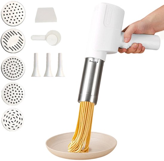 Equal to None - Pastamachines - USB-oplaadbaar - Pastamaker - Noodle Machine - Ergonomisch ontwerp - 5 Noedelvormen - 1500 mAh - 5 opzetstukken - Roestvrij - 23 × 21 × 5,5 cm - Wit van Equal to None