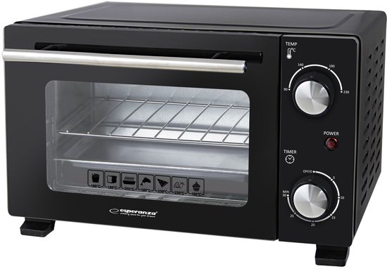 Esperanza CALZONE Mini Oven - 10 Liter - 800W - Compacte Elektrische Oven met Timer - Inclusief Bakplaat & Grillrooster - Zwart