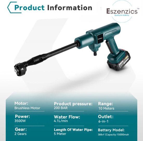 Eszenzics™ Elektrische Hogedrukreiniger - 6in1 Carwash - 3500W 200bar - Borstelloos - Waterpistool Voor Makita, incl. 2 accu's 18 V - Tuin - Irrigatie - Spuitpistool van Eszenzics™
