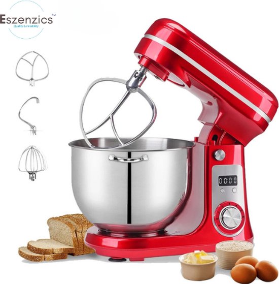 Eszenzics™ Keukenmachine - Krachtige Keukenmixer - Compact - Deegmixer - Mixer - Kneedmachine - 6 Liter - 1200W - 6 Snelheden - RVS - Rood van Eszenzics™
