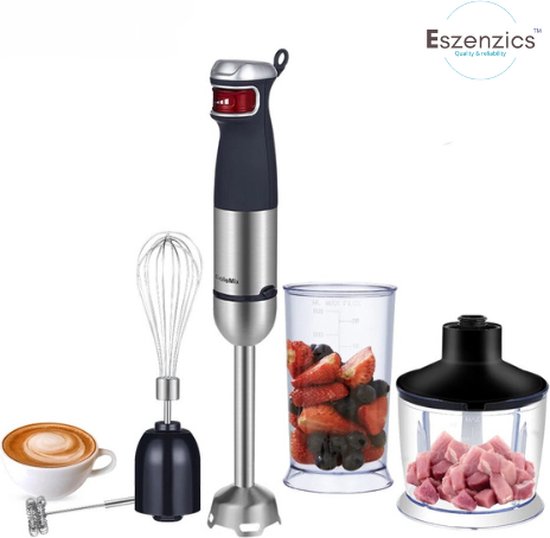 Eszenzics™ Professionele staafmixer - set 5-in-1 - Keukenmachine - 1200W - RVS - Incl. hakmolen, kom, eierklopper, melkopschuimer van Eszenzics™