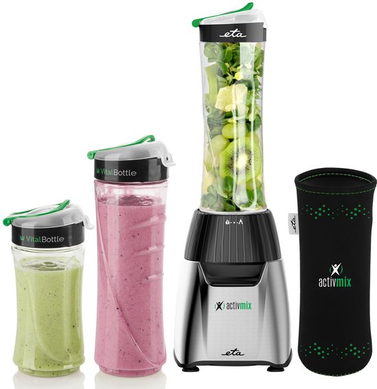 ETA ActivMix Blender To Go met 3 Tritan Flessen – 2 x 0,6 Liter en 1 x 0,4 Liter – BPA-vrij – Pulsfunctie – 19.000 RPM – 350W – Zilver