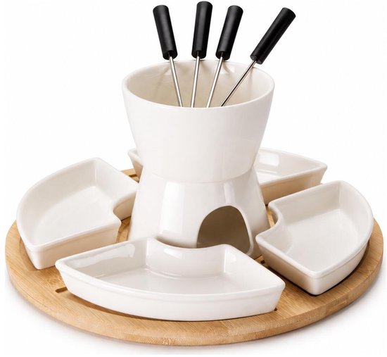 Excellent Houseware Chocolade fondue set - keramiek/bamboe - fondueset - incl 4 vorken van Excellent Houseware.