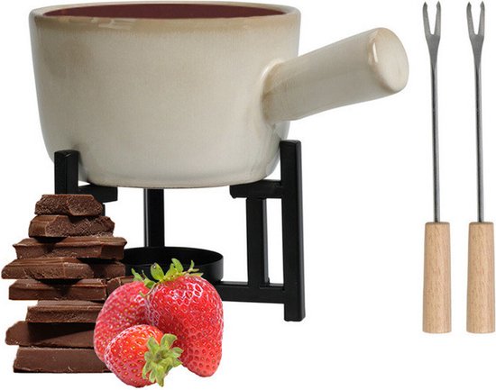 Excellent Houseware Chocoladefondue setje met houder - porselein - beige - incl. 2 vorken