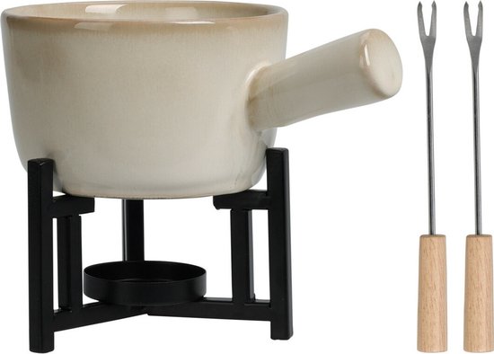Excellent Houseware Kaasfondue setje met houder - porselein - beige/zwart - incl. 2 vorken