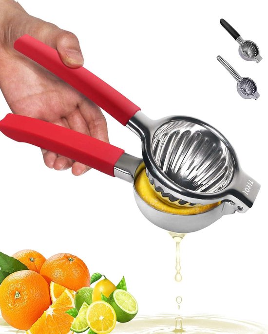 Extra grote roestvrijstalen citroenpers - Premium Heavy Duty Citroenpers Hand - Food Grade Siliconen Handvat - Ergonomische Handmatige Citruspers met Massief Metalen Pers Kom - Rood