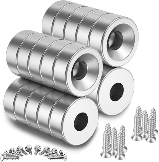 Extra sterke neodymium magneten met verzonken kop, ronde potmagneten voor koelkast, magneetbord en keuken (15 x 3mm, 20 stuks)
