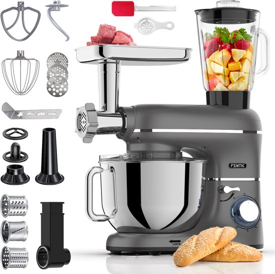 Fentic Keukenmachine - 2000W - Keukenrobot - Foodprocessor - 6,2L Mengkom - Incl. Vleesmolen, Blender en extra Accessoires - Antraciet van Fentic