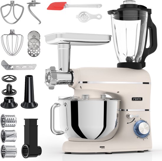 Fentic Keukenmachine – 2000W – Keukenrobot – Foodprocessor - 6,2L Mengkom – Incl. Vleesmolen, Blender en extra Accessoires – Beige
