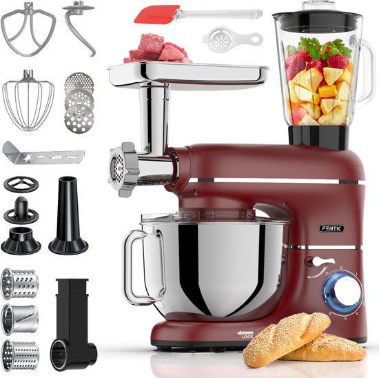 Fentic Keukenmachine - 2000W - Keukenrobot - Foodprocessor - 6,2L Mengkom - Incl. Vleesmolen, Blender en extra Accessoires - Rood van Fentic