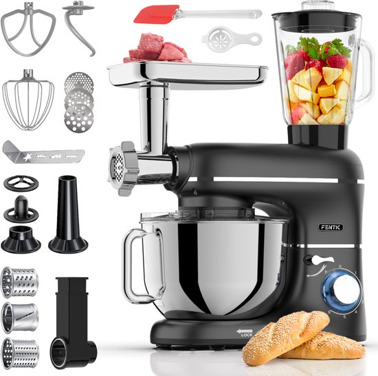 Fentic Keukenmachine - 2000W - Keukenrobot - Foodprocessor - 6,2L Mengkom - Incl. Vleesmolen, Blender en extra Accessoires - Zwart van Fentic