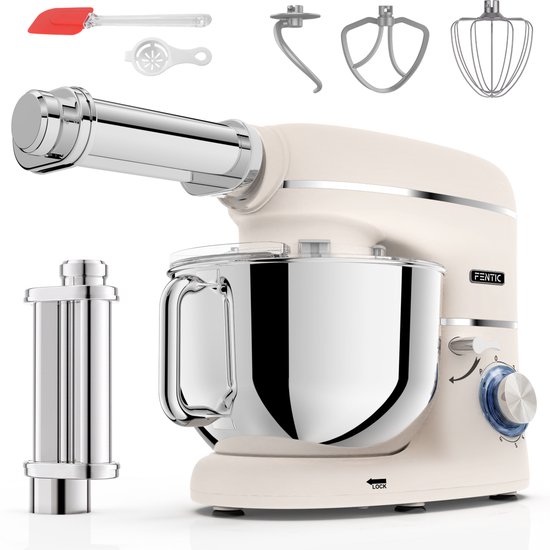 Fentic Keukenmachine - 2000W - Keukenrobot - Incl. Pastaroller en extra accessoires - 6,2L Mengkom - Foodprocessor - Pastamachine - Beige