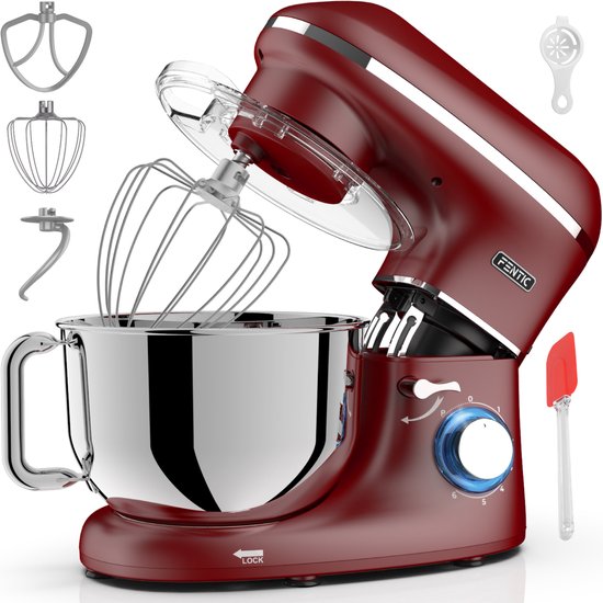 Fentic Keukenmachine - 2000W - RVS Mengkom (6,2 L) - Keukenrobot - Foodprocessor - Mixer met Garde, Deeghaak en Menghaak - Incl. Beschermhoes en extra Accessoires - Mat rood van Fentic