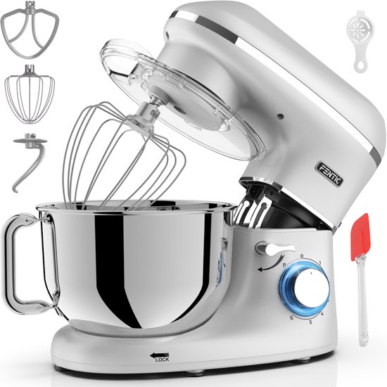 Fentic Keukenmachine - 2000W - RVS Mengkom (6,2 L) - Keukenrobot - Foodprocessor - Mixer met Garde, Deeghaak en Menghaak - Incl. Beschermhoes en extra Accessoires - Zilver van Merkloos