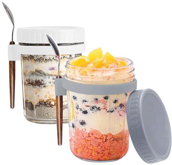FePen Yoghurtglazen, 2 stuks 350 ml mueslibekers, draagbare yoghurthouder, havercontainer, overnight havermoutcontainer, glazen mueslibeker, havermoutvazen van Merkloos