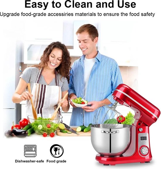 FIBILA 6L Keuken Stand Mixer - Keukenmachine - Voedselmixer - Keukenmizer Met Mengkom - Keukenmixers - 1200W DC Stille Motor - 6 Snelheden - Roestvrijstalen Kom - Tilt-Head Design - Inclusief Deeghaken, Kloppers en Garde - Stabiele Anti-Slip Voeten van FIBILA