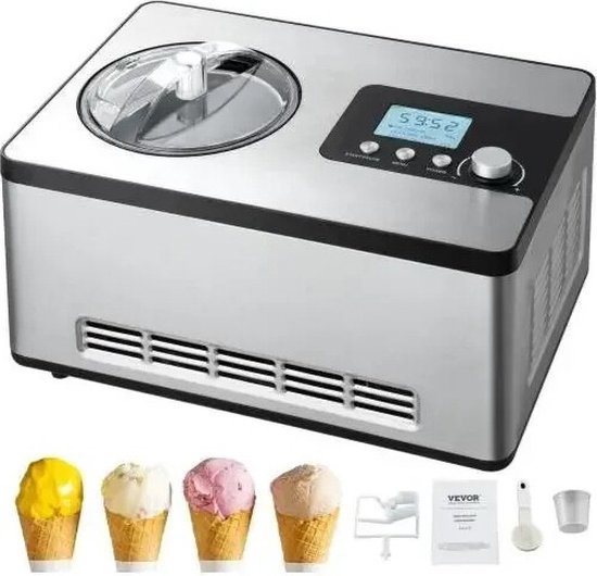 FIBILA Automatische Ijsmachine met Ingebouwde Compressor - Ijsmaker zonder Voorvriezen - Sorbet maker - Yoghurtmaker - 2 Liter Capaciteit - LCD Display - 180W Vermogen - Geluidsarm, Eenvoudige Bediening - Recepten Inbegrepen van FIBILA